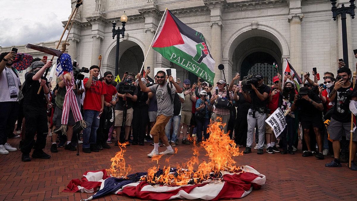 Anti-Israel demonstrators burn an American flag, on the day of Israeli Prime Minister Benjamin Netanyahu's address to a joint meeting of Congress, on Capitol Hill in Washington, July 24, 2024.(Reuters/Nathan Howard)