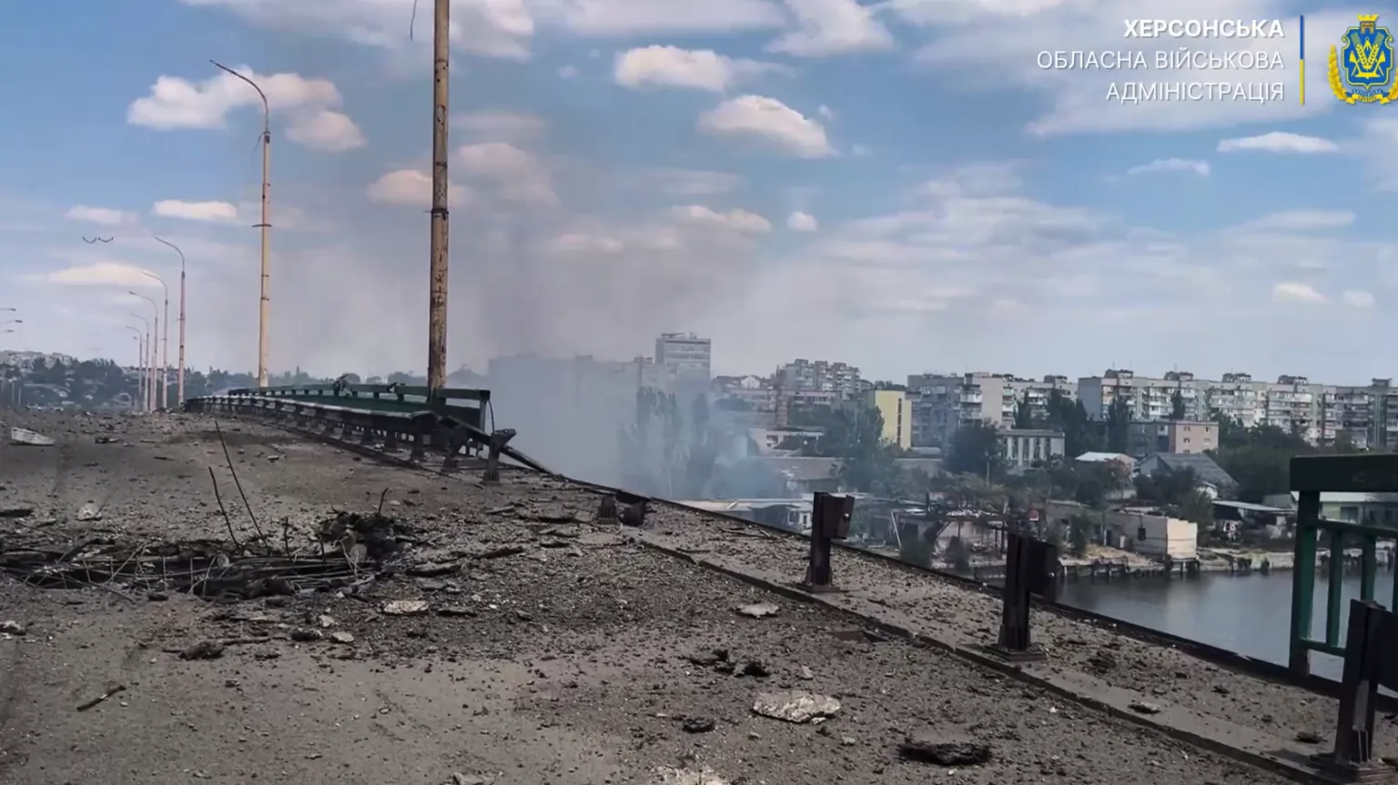 Kherson regional military administration A still from footage by the Kherson regional military administration showing a badly damaged Ostrivsky bridge in the city of Kherson